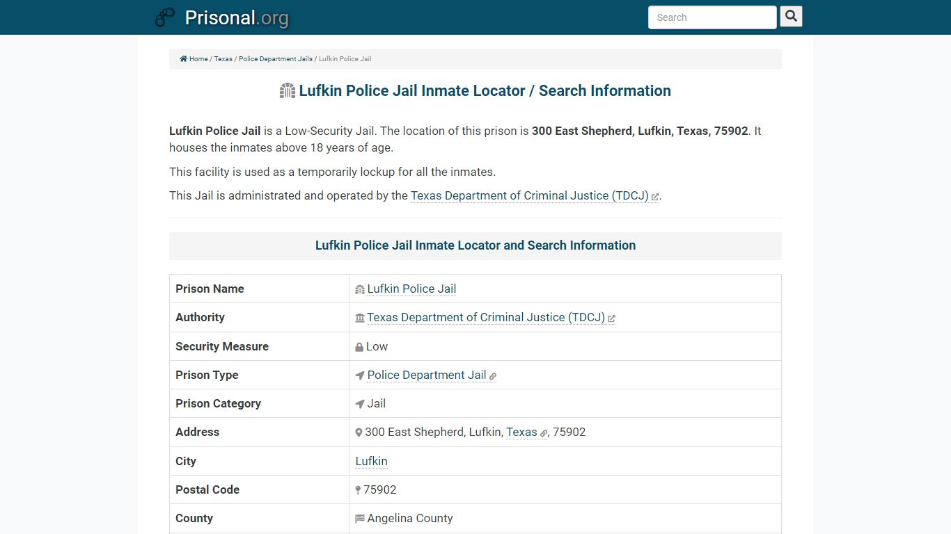 Lufkin Police Jail-Inmate Locator/Search Info, Phone, Fax ...